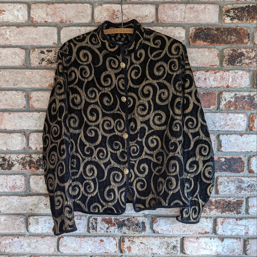 🌀 Khangura Reversible Gold and Black Velour Swirl Jacket Vintage Size 10